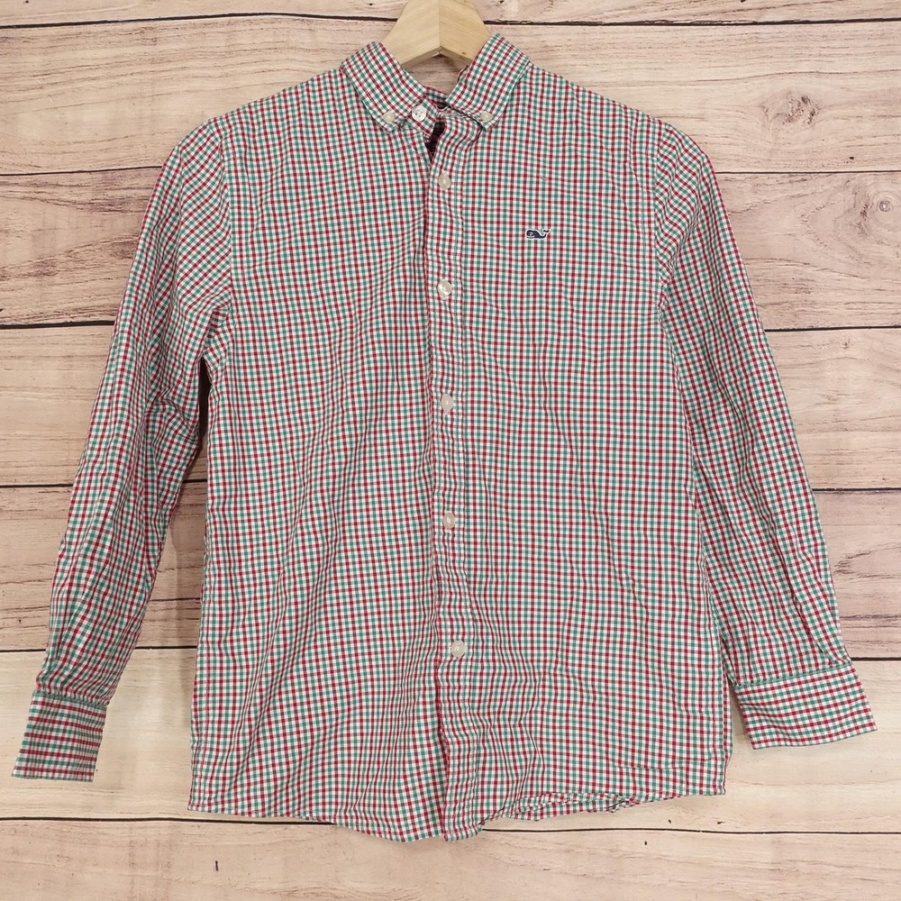 Vineyard Vines Shirt Boys Small 8-10 Red Green Gingham Button Down Whale Youth